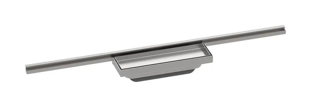 Duschrinne aus Edelstahl mit schmalem Ablauf, ideal für Bäder. Entwurf von Hansgrohe, geeignet für minimalistisches Design und elegante Wasserableitung.